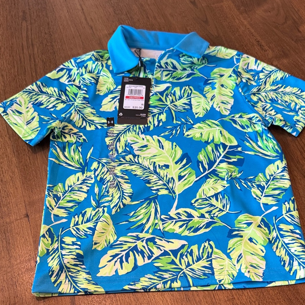 Under Armour Boys' Teal Blue Tropical Leaf Polo